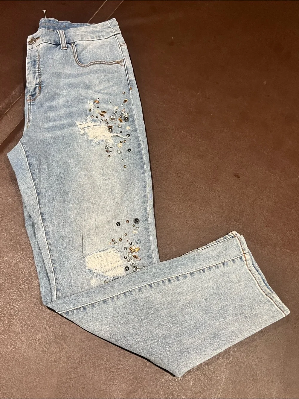 Chicos Light wash distressed jeans with rhinestones and studs size 1R
